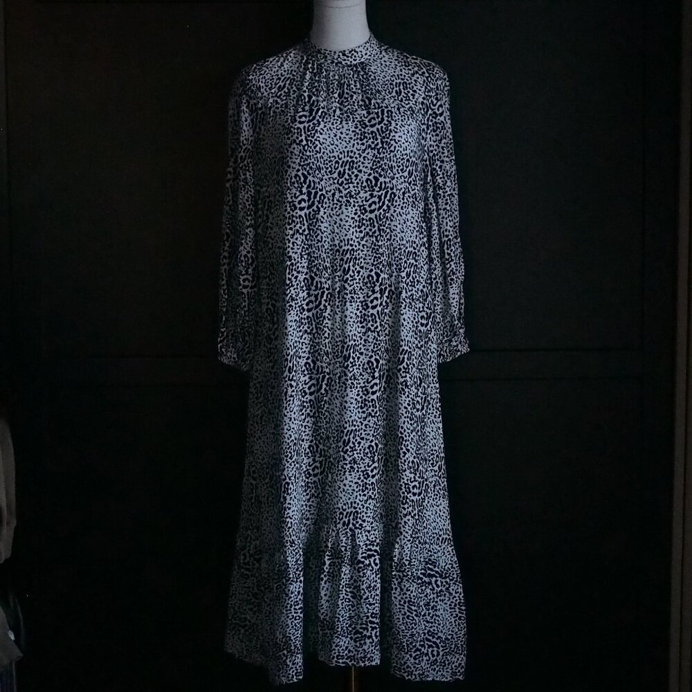 Zara | Animal Print Long Sleeve Midi Dress in Black & White